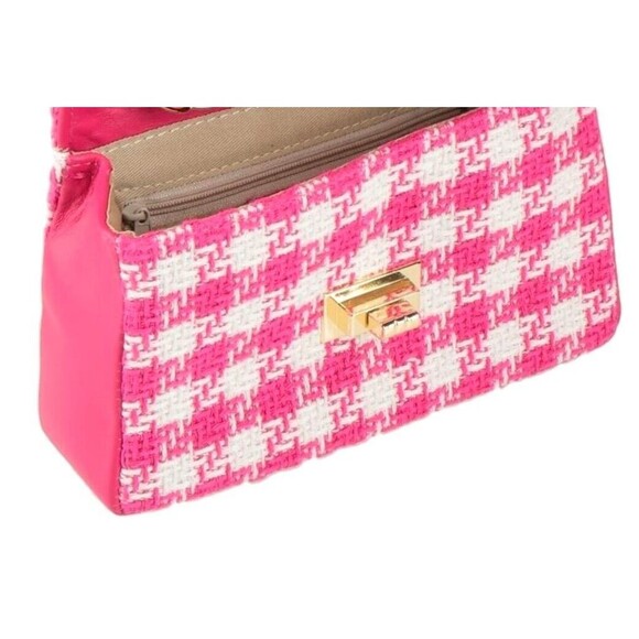 DESIGNER TSD12 PINK/WHITE CHECK FABRIC PRINT CHAIN DETAIL SMALL CROSSBODY BAG - Picture 6 of 13